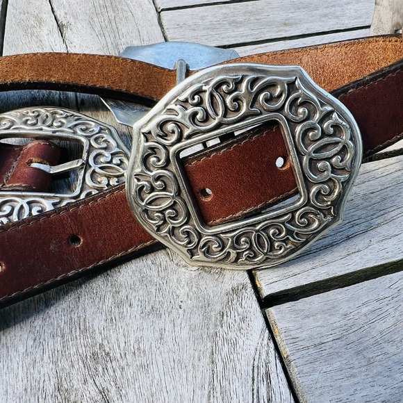 Vtg 90's Brighton Oval Sunflower Concho Belt S Brown Leather Floral Boho Cowgirl - Picture 7 of 15